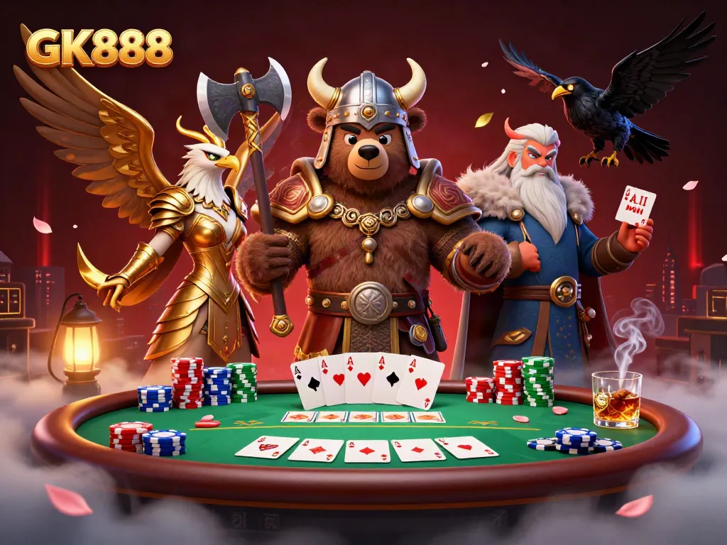 Engage in the excitement of GK888 with a Viking bear and Valkyrie eagle at a vibrant poker table.