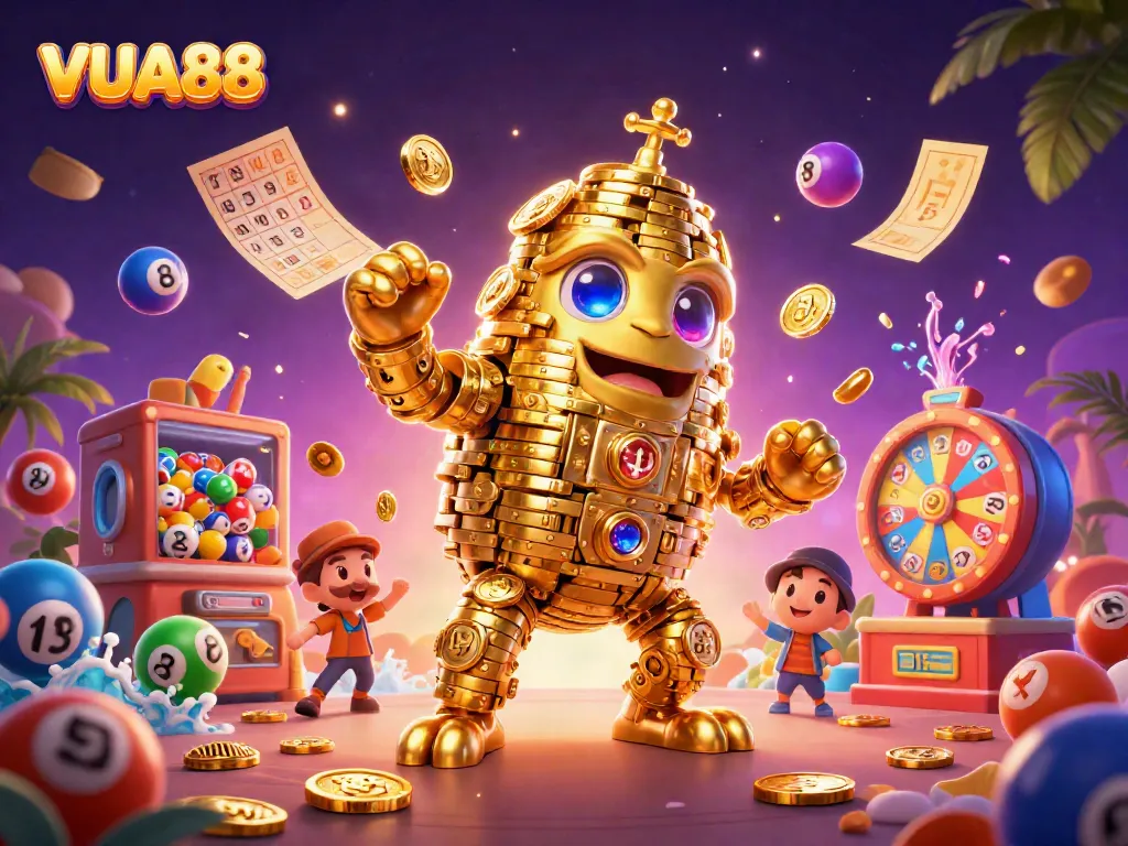 Experience the excitement of VUA88 with a vibrant 3D illustration of a golden golem amid colorful lottery elements.