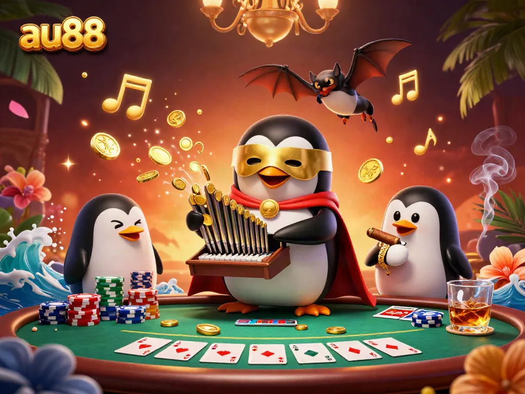 Experience the rich atmosphere of au88 with 3D cartoon penguin and casino elements in vibrant detail.