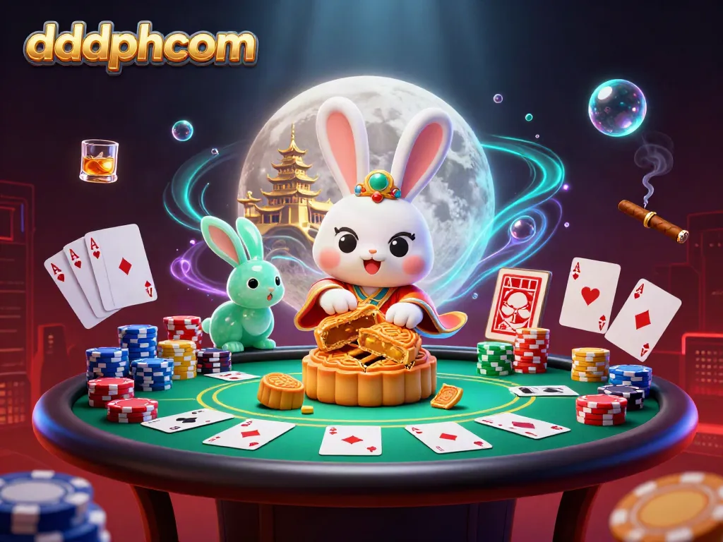 Engage with dazzling poker action at dddphcom featuring lunar-themed casino characters and elements.