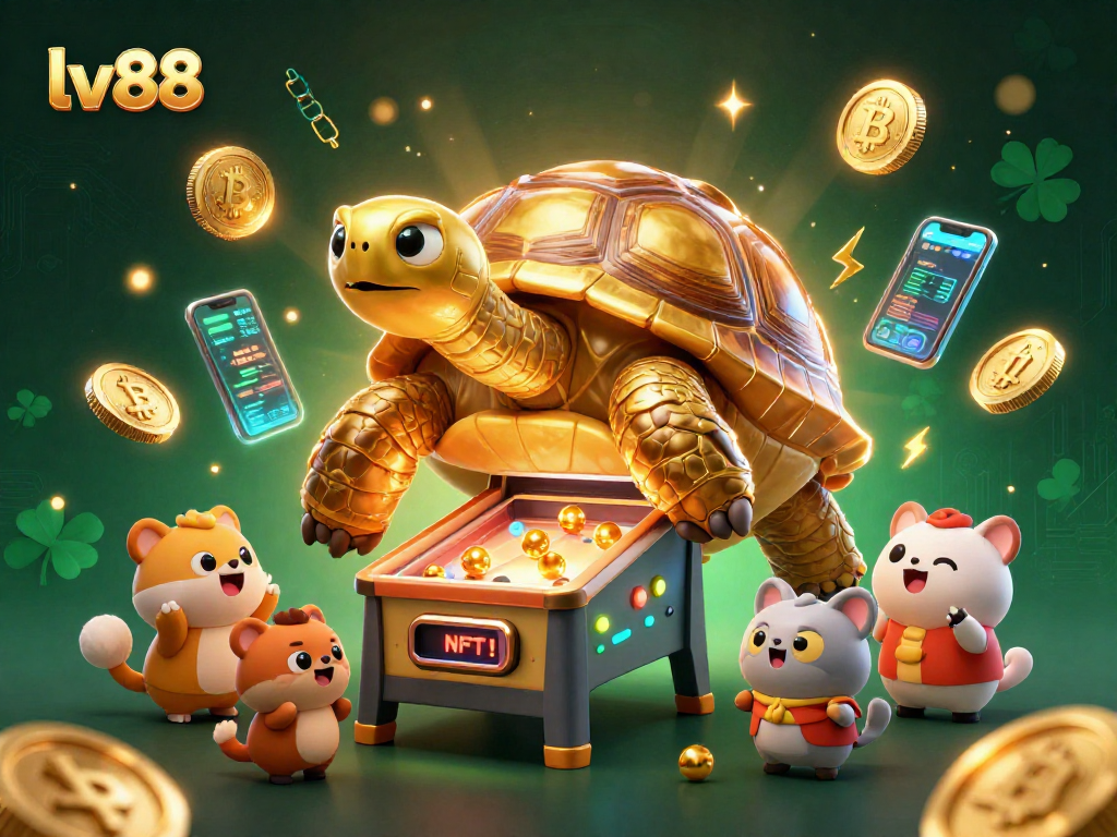 Experience the excitement of lv88 with a golden tortoise pinball machine and vibrant cryptocurrency elements in this immersive casino scene.