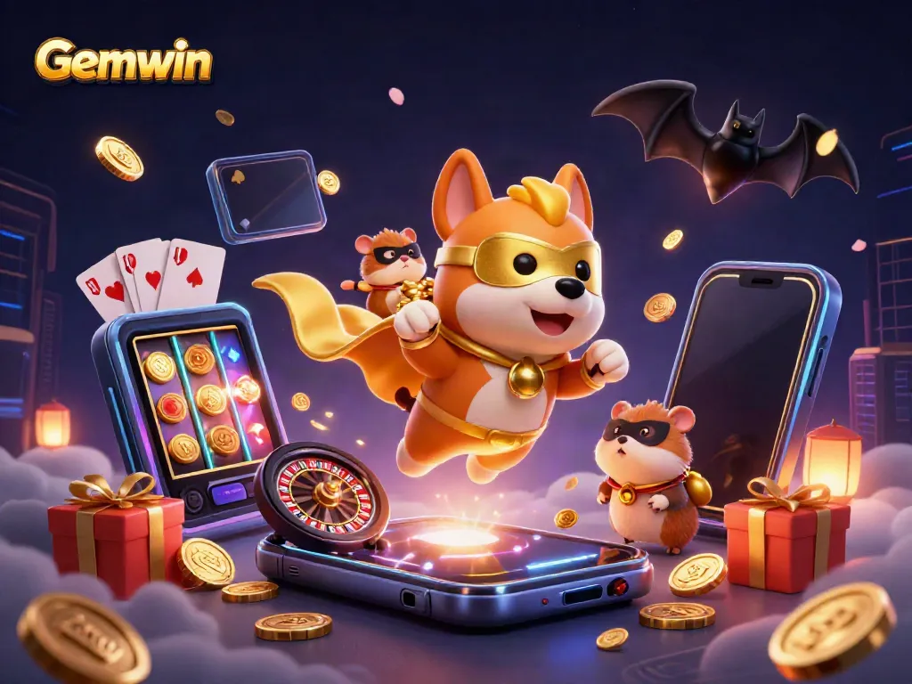 Gemwin showcases a superhero dog with a sidekick in a vibrant casino scene, capturing excitement in gaming.