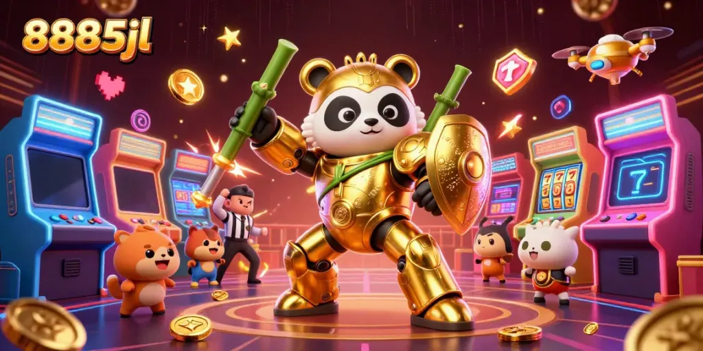 Engage with the vibrant gameplay of 8885jl featuring a mech-suit panda and colorful casino elements.
