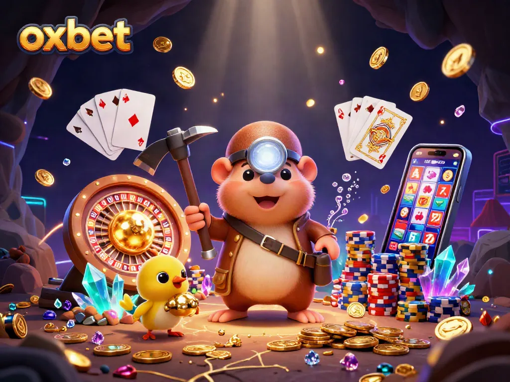 Experience the excitement of oxbet with treasure hunters and vibrant casino elements in a 3D illustration.