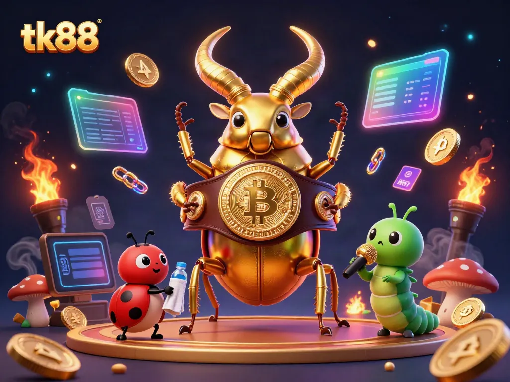Engage with tk88 at a dynamic gaming scene featuring vibrant crypto elements and unique characters.