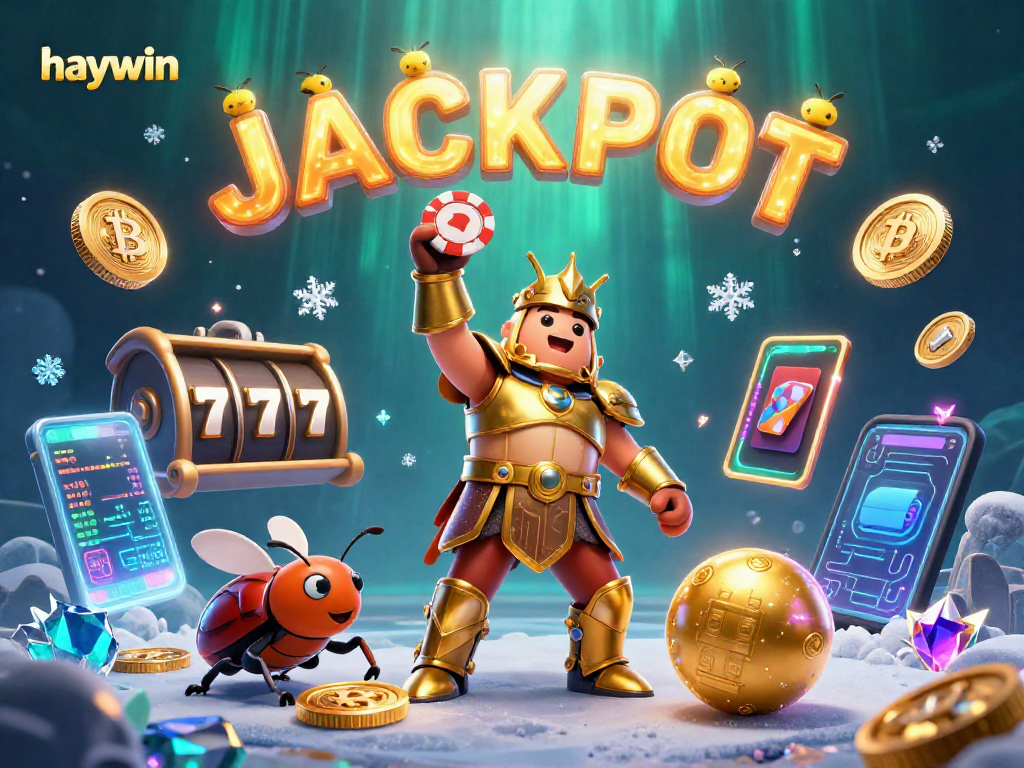 Experience a win with haywin's lucky beetle lifting a poker chip amid vibrant casino elements.