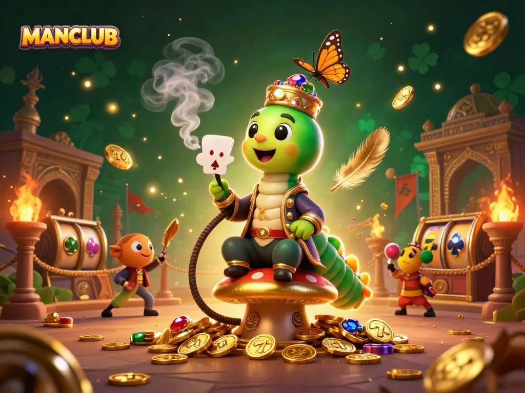 Engage with MANCLUB's vibrant casino world featuring a whimsical caterpillar master amidst golden tokens.