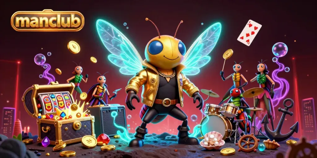 Manclub features a vibrant underwater casino scene with a rock star cicada and colorful slot game elements.