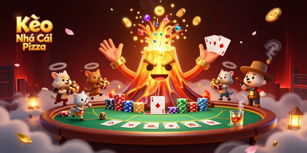 Kèo Nhà Cái Pizza illustration showing a triumphant golden volcano surrounded by poker elements.