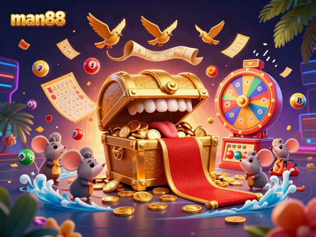 Engage with man88’s vibrant 3D casino scene depicting treasure and lottery elements for an exhilarating gaming experience.