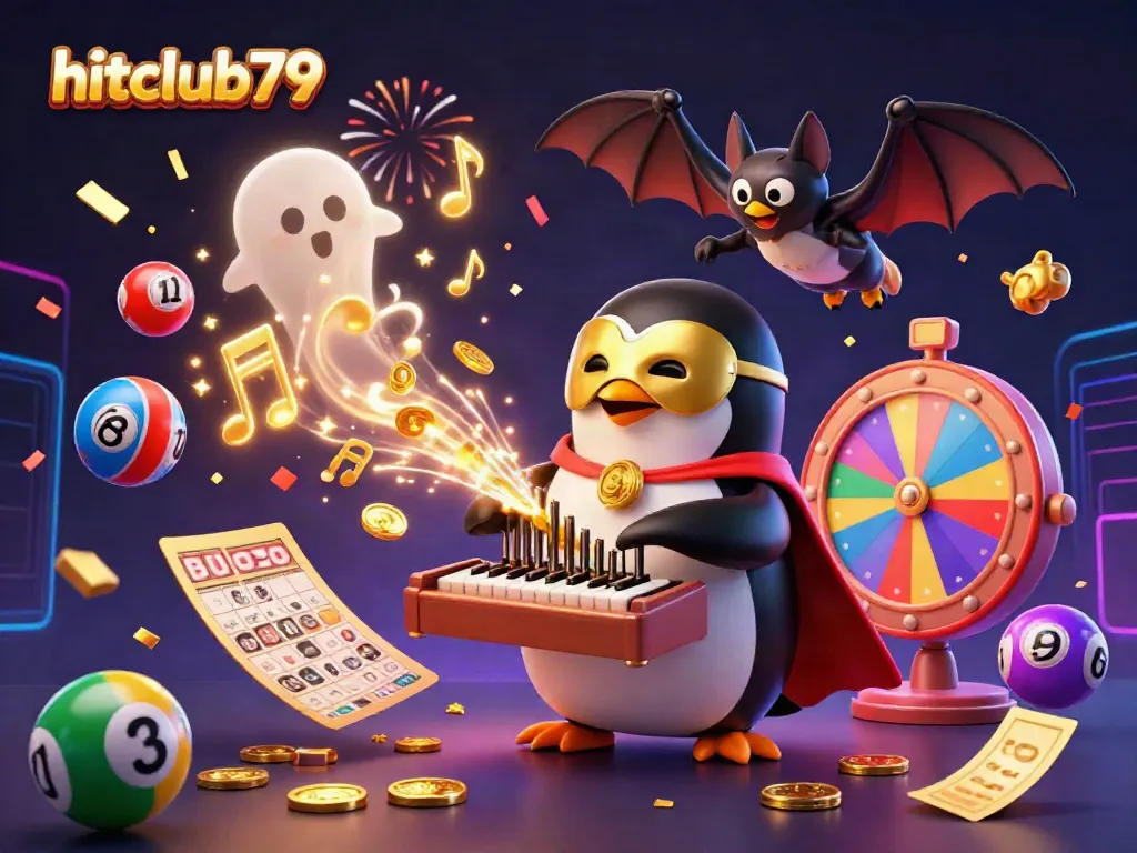 Experience thrilling moments at hitclub79 with a vibrant 3D illustration of casino games and festive elements.