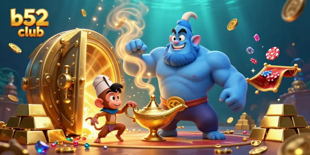 B52 Club captivates players with its vibrant gaming scene, featuring a genie, monkey, and poker chips.