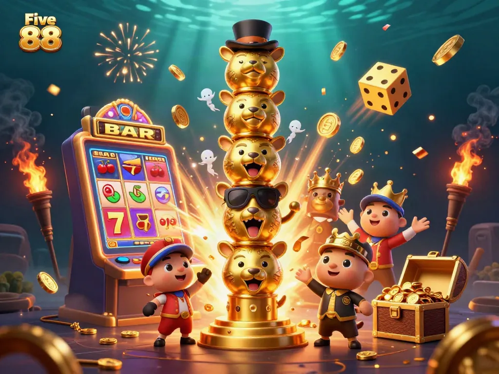 Win big at Five 88 with an exhilarating slot machine jackpot explosion showcasing vibrant casino elements.