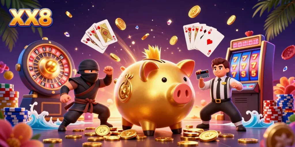 Engage with the vibrant XX8 casino scene showcasing a golden piggy bank wrestler surrounded by dazzling coins and gaming elements.