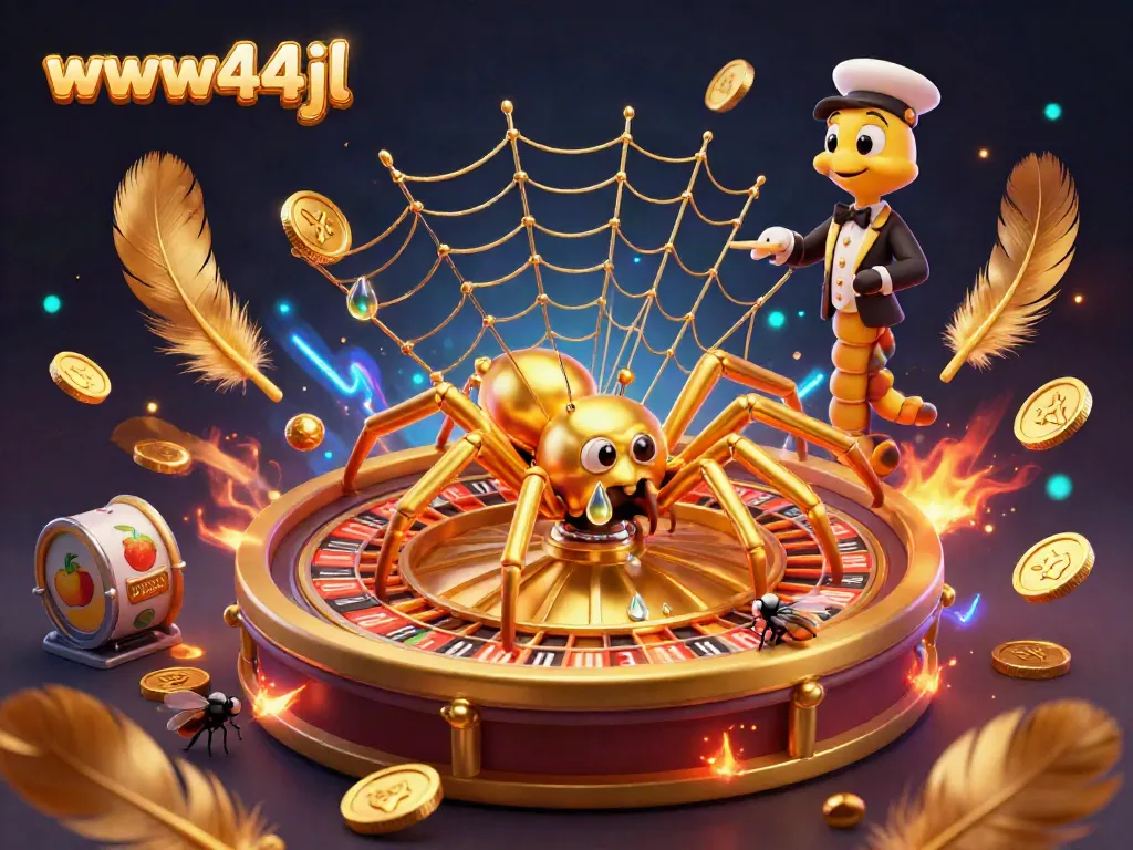 Engage in thrilling betting action at www44jl with a golden spider and roulette wheel in a vibrant casino setting.
