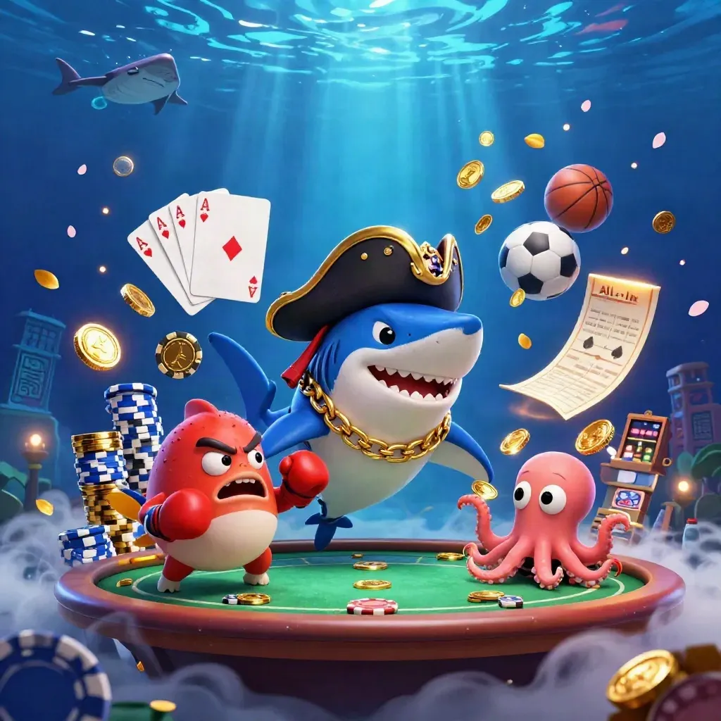 Pirate shark, boxing pufferfish, and coin-juggling octopus amid blue-gold casino props underwater.