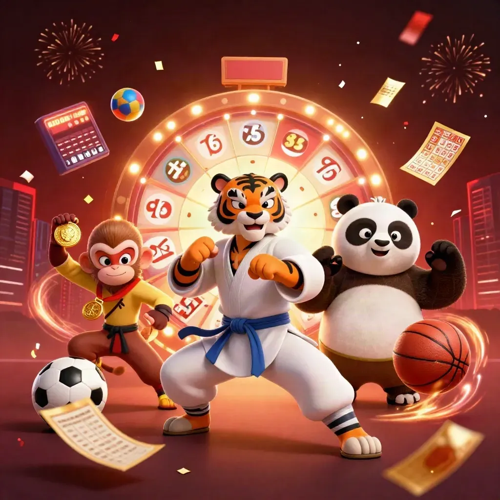 Tiger, panda, and monkey casino heroes burst amid sports balls, prize wheel, and gold confetti.