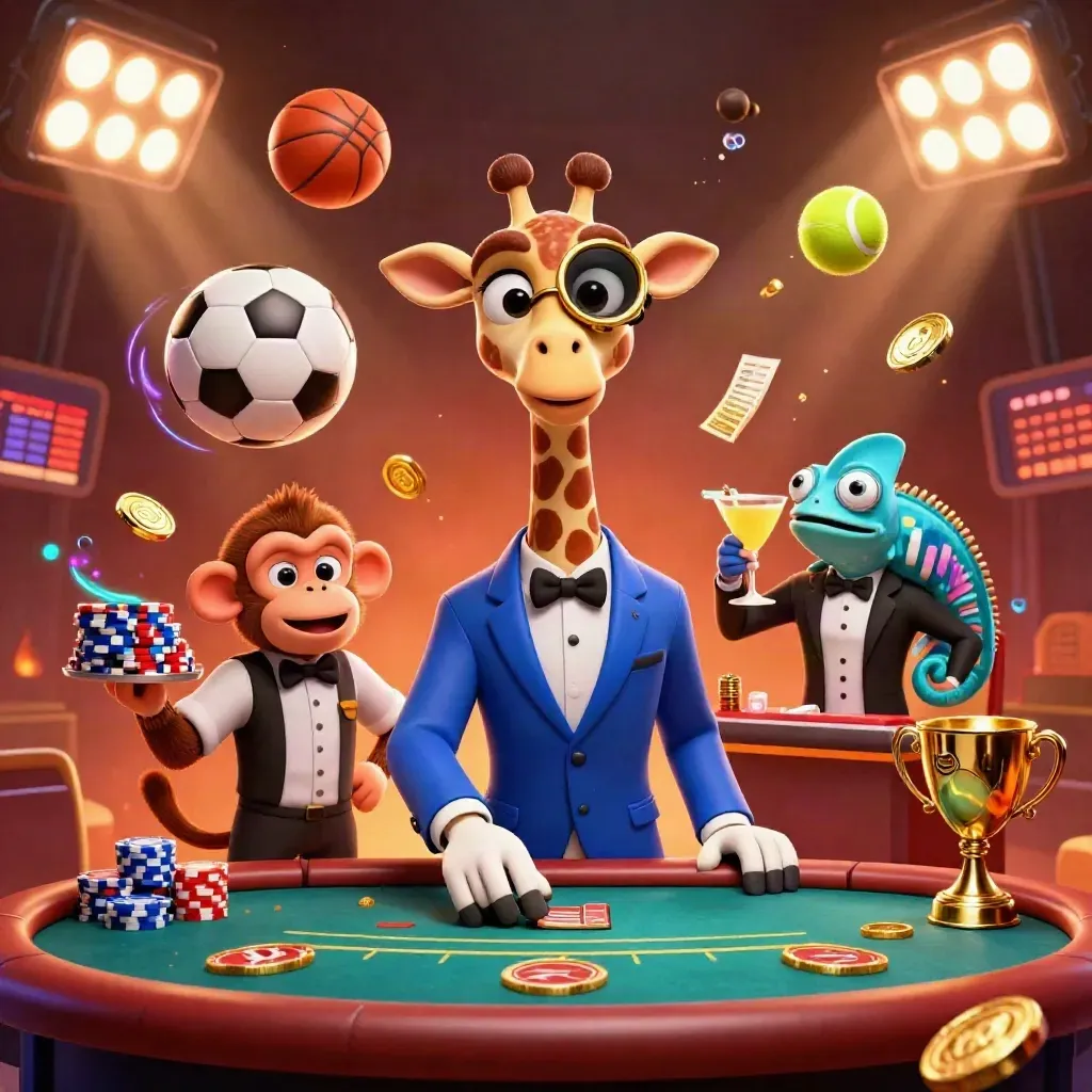 Giraffe, monkey, and chameleon in a casino scene with flying sports balls and golden lights.