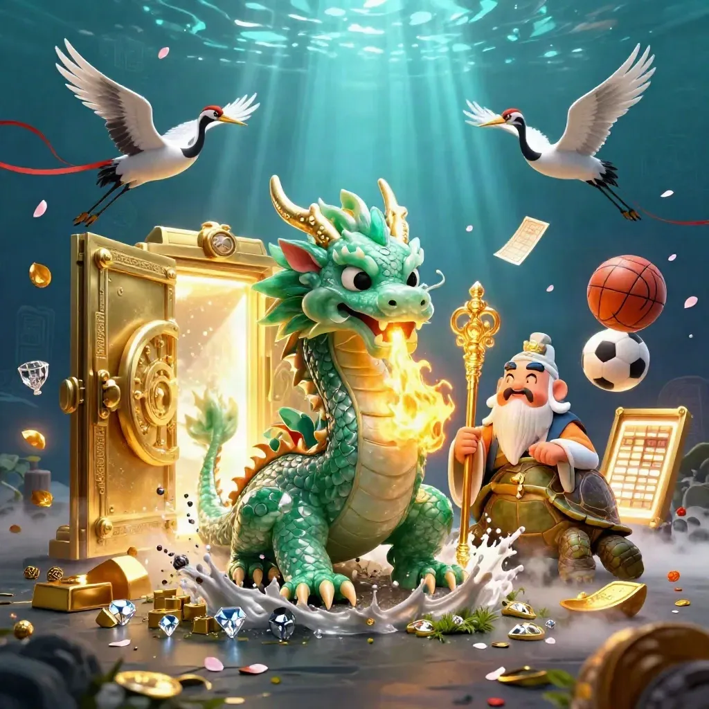 Jade dragon, turtle sage, and cranes amid vault gold, sports balls, and glowing underwater light