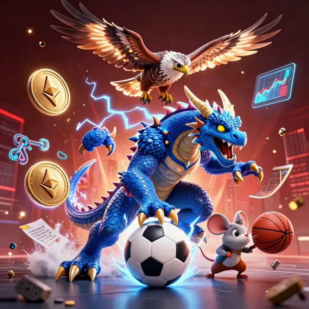 Thunder dragon, wind hawk, and static mouse amid sports gear, coins, and blue-gold casino sparks.