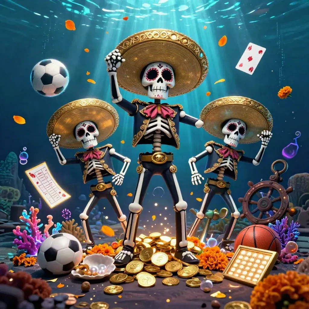 Skeleton mariachi trio in an underwater treasure cove with sports balls, coins, coral, and neon glow