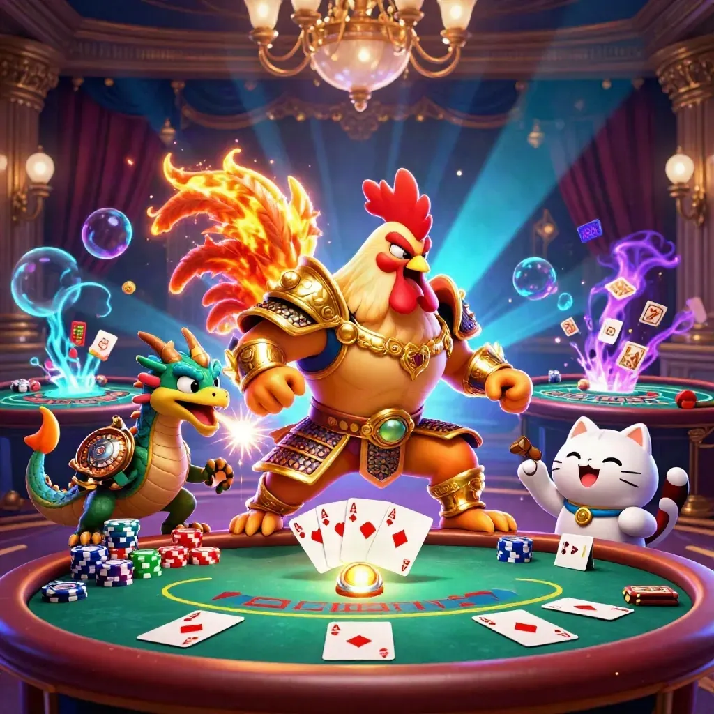 Rooster warrior, dragon hatchling, and fortune-cat at a glowing casino table in royal blue and gold.