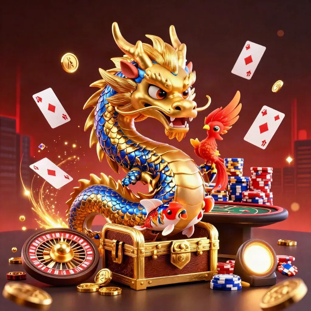 Golden dragon, phoenix, koi, coins, gems, roulette wheel, chips, and cards in a luxe casino scene