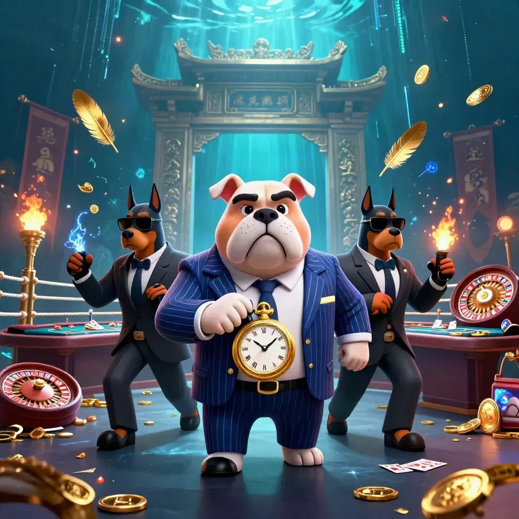 Cartoon bulldog boss with Doberman guards in a neon casino scene of gold, banners, and beams