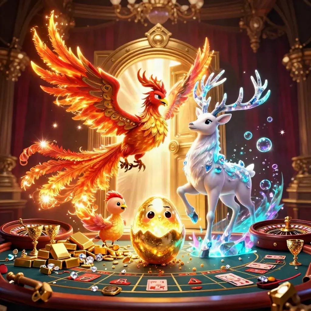 Phoenix, hatching egg, and crystal stag amid vault gold, gems, and casino lights.