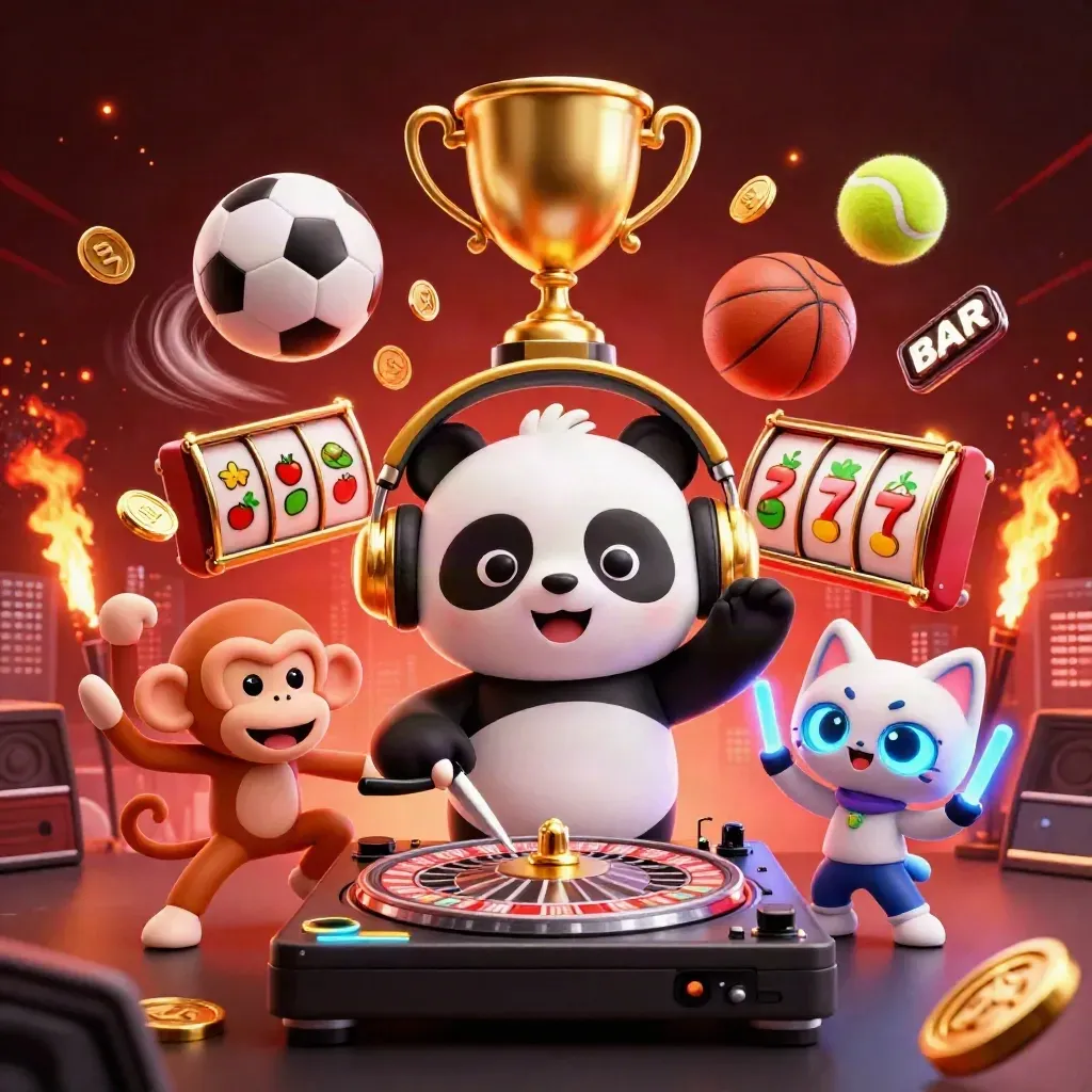Panda DJ, dancing monkey, and rave kitten amid casino sports props, coins, and neon lights.