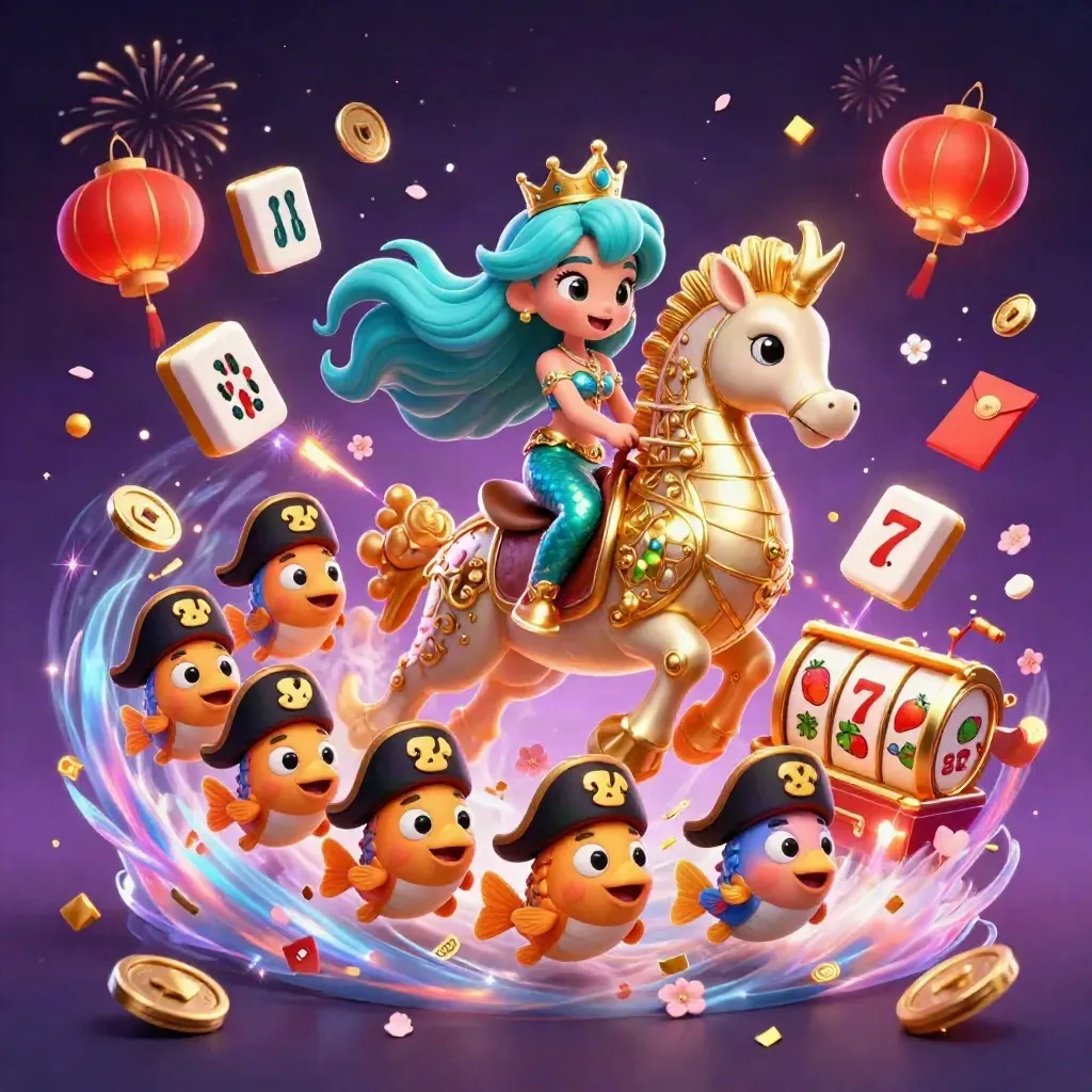 Mermaid princess on armored seahorse amid pirate fish, coins, lanterns, fireworks, and casino symbols