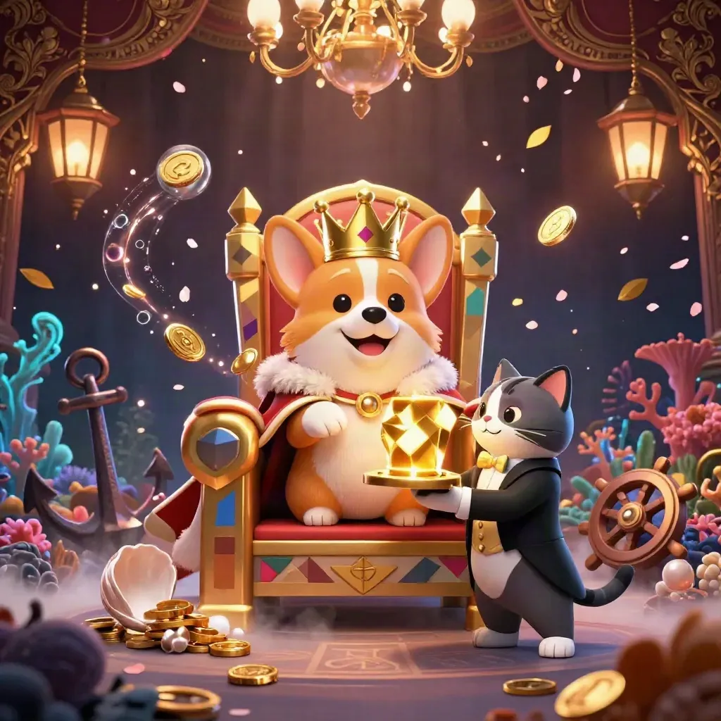 Crowned corgi king and cat butler amid gold coins, coral, and bubbles in a treasure cove.