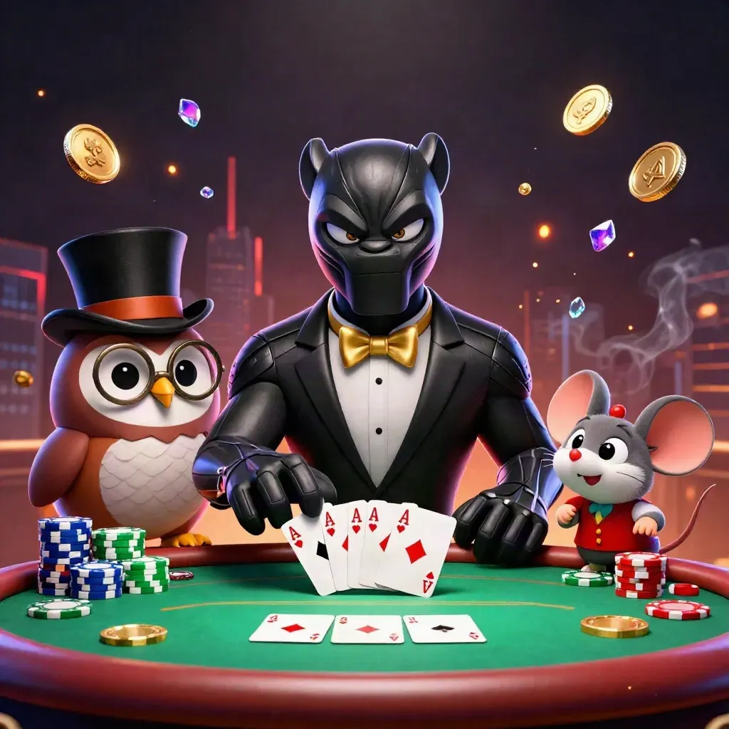 Black panther dealer with owl and mouse amid chips, cards, and gold loot in a luxe casino scene