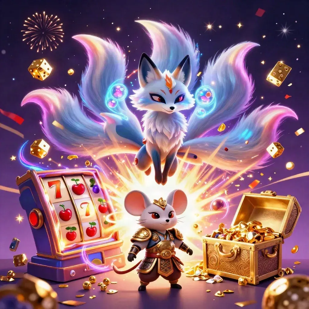 Nine-tailed fox spirit and armored samurai mouse amid jackpot bursts, gems, and neon casino magic.