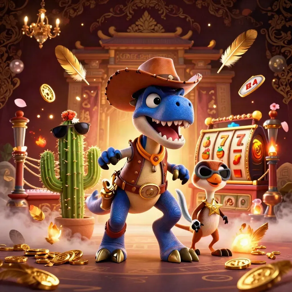 3D cowboy T-Rex, cactus sidekick, and roadrunner amid casino treasure and temple lights.