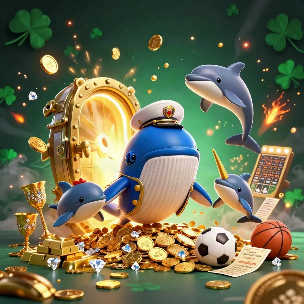 Whale captain, narwhal, and dolphins burst from coin vault with jackpots, sports props, and fireworks.