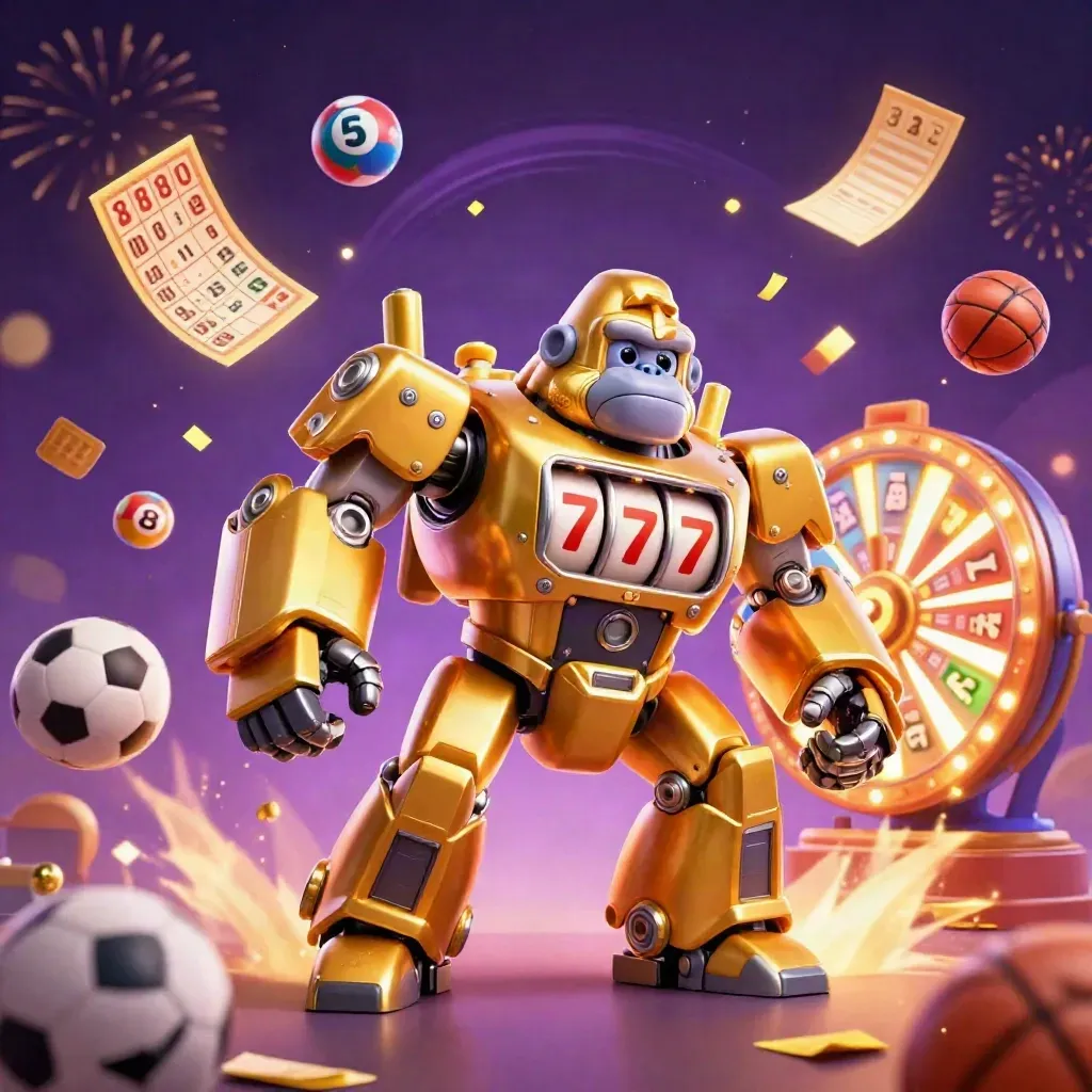 Golden gorilla mech with monkey pilot amid coins, lottery balls, prize wheel, fireworks and deep purple glow