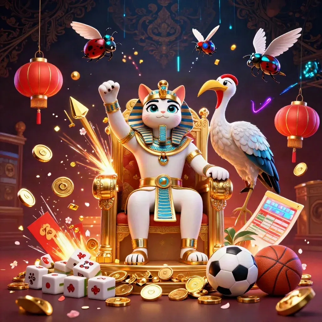 Pharaoh cat king with ibis scribe and gem scarabs amid coins, fireworks, and casino riches.