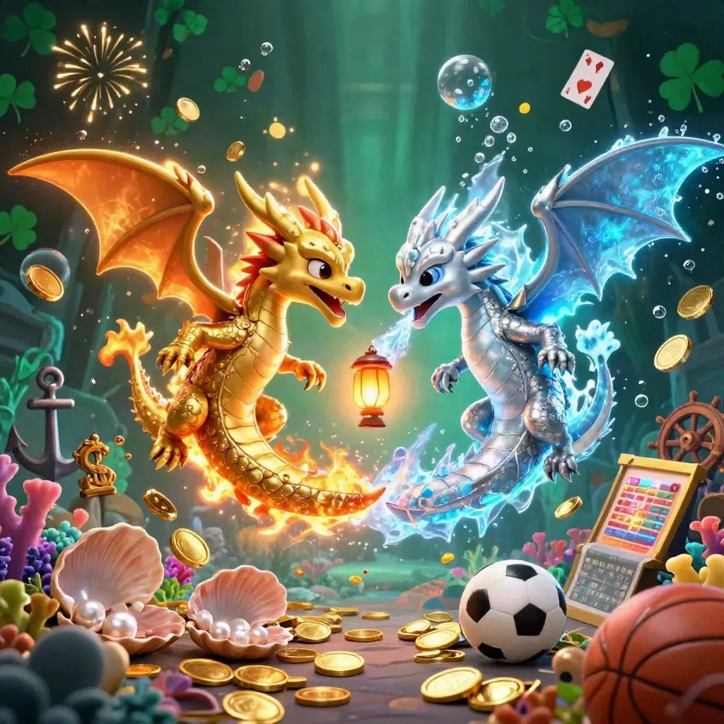 Gold and silver dragons whirl through a treasure cove with coins, coral, and casino icons.