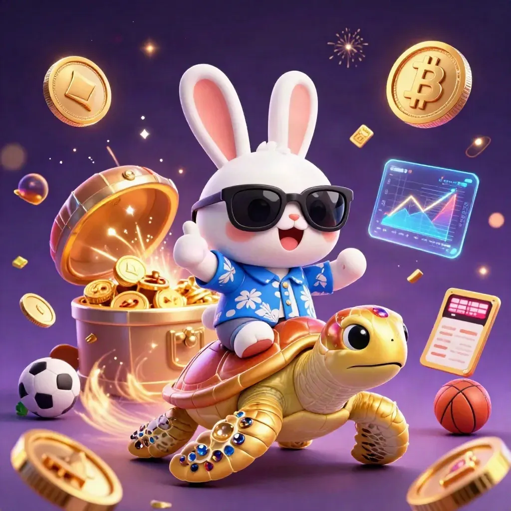 Lucky rabbit on a golden sea turtle with coins, sports gear, crypto effects, and fireworks.