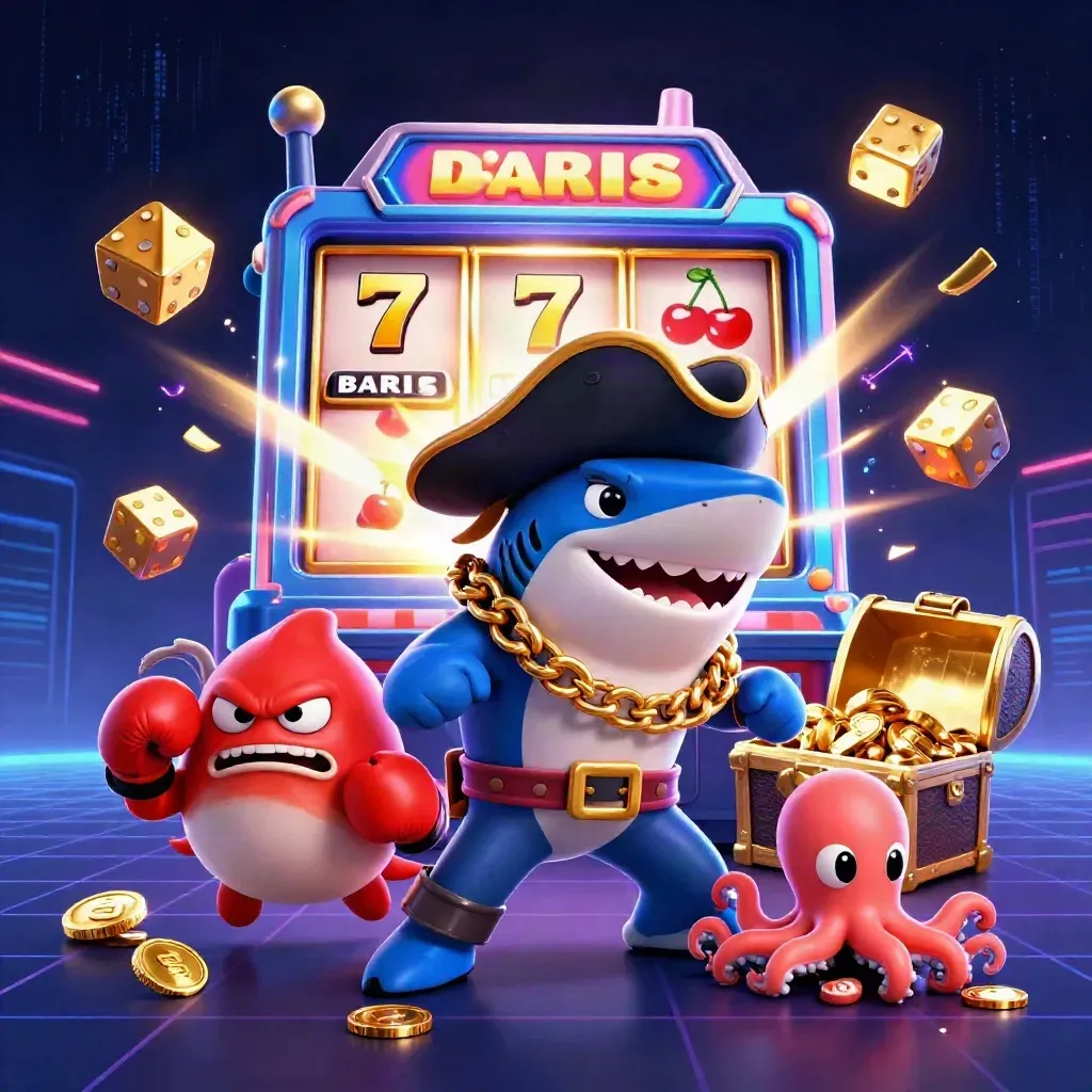 Pirate shark, boxing pufferfish, and coin-juggling octopus amid jackpot slot explosions.