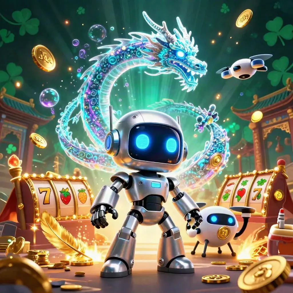 Cyberpunk robot, holographic dragon, and coin drone amid casino gold and glowing effects.