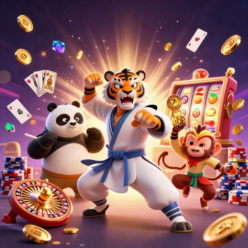 Kung-fu tiger, panda, and monkey amid casino coins, cards, chips, and glowing reels.