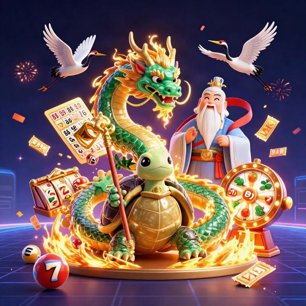 Emerald dragon, turtle sage, and cranes amid jackpot reels, balls, fireworks, and gold sparks.
