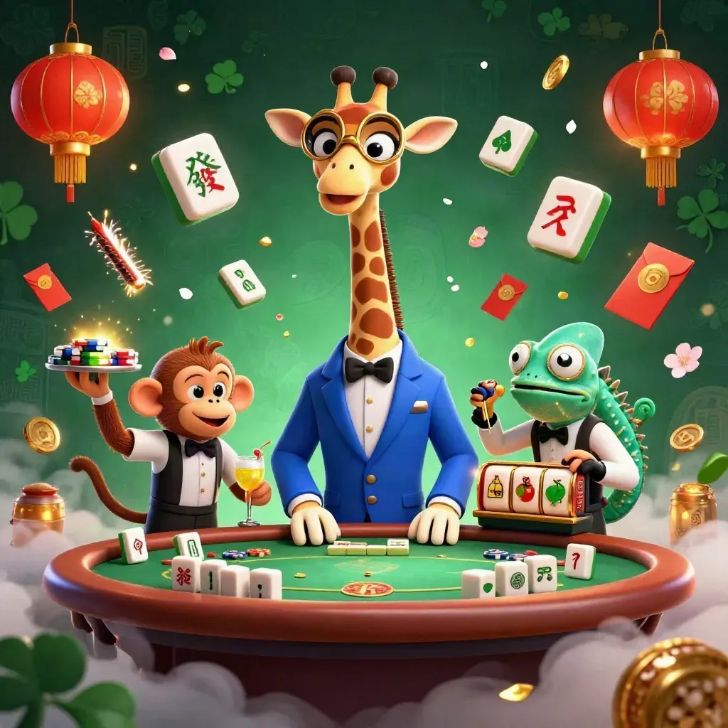 High-roller giraffe, monkey valet, and chameleon bartender amid casino gold, reels, coins, and lanterns.