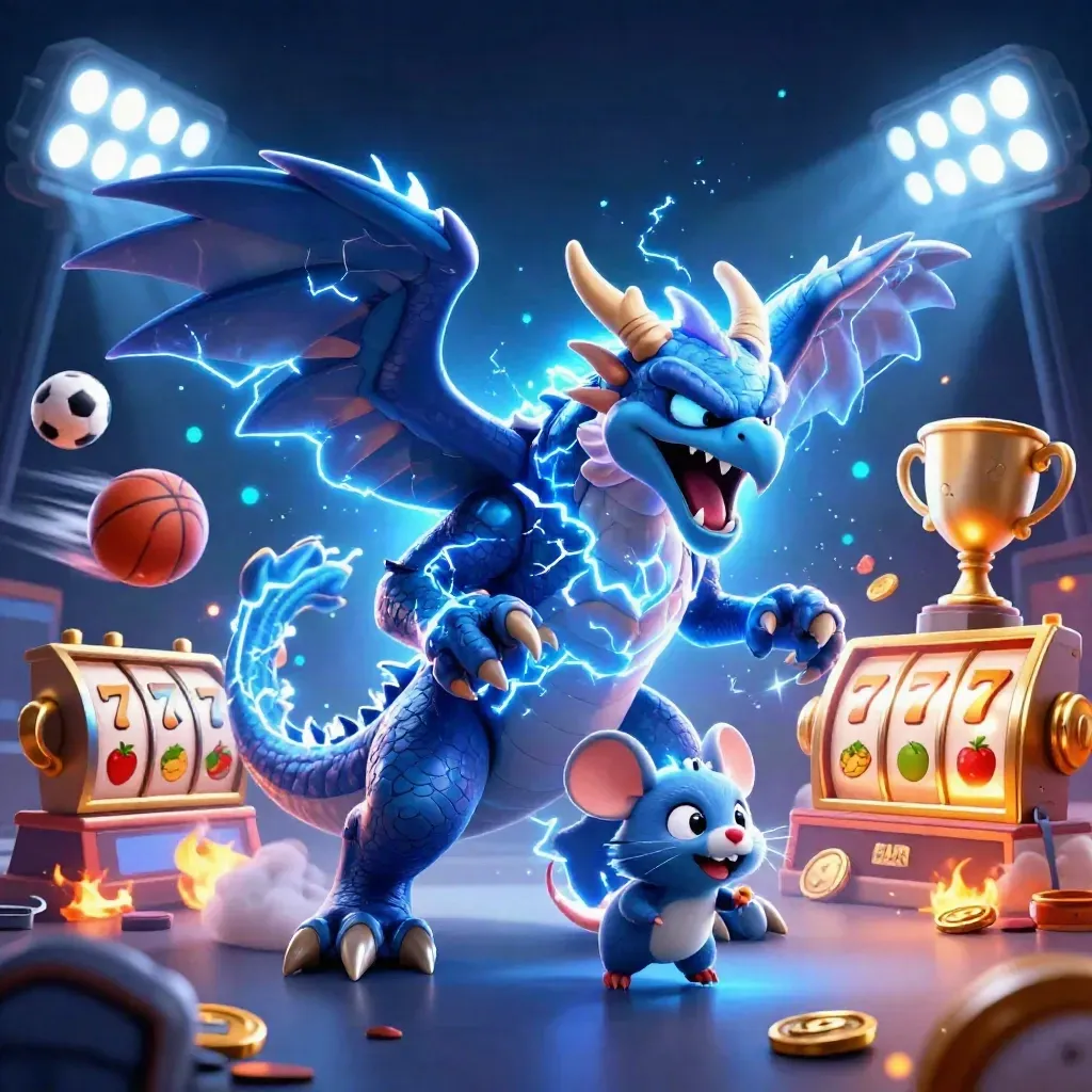 Thunder dragon, winged hawk, and static mouse amid casino sparks, coins, reels, and stadium lights