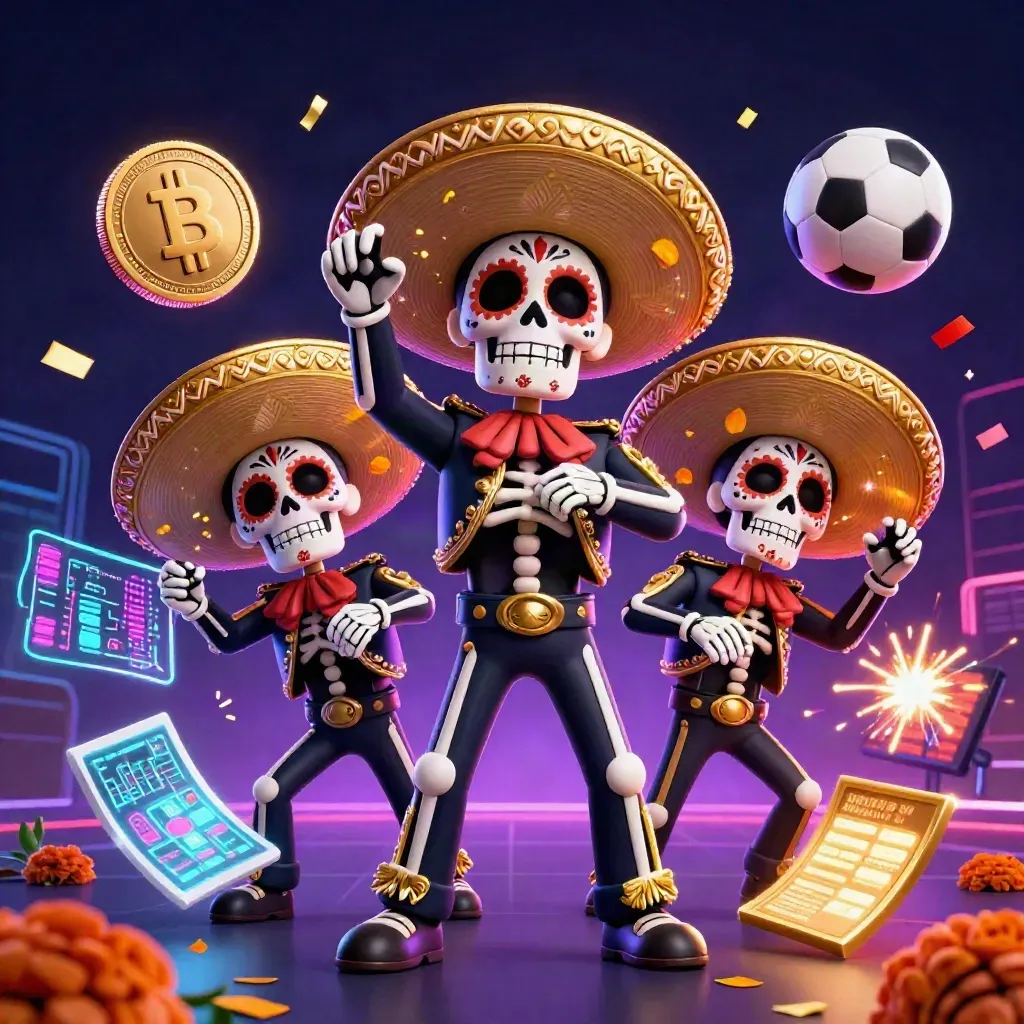 Day-of-the-Dead skeleton mariachi trio amid casino coins, lightning, confetti and blue-gold glow