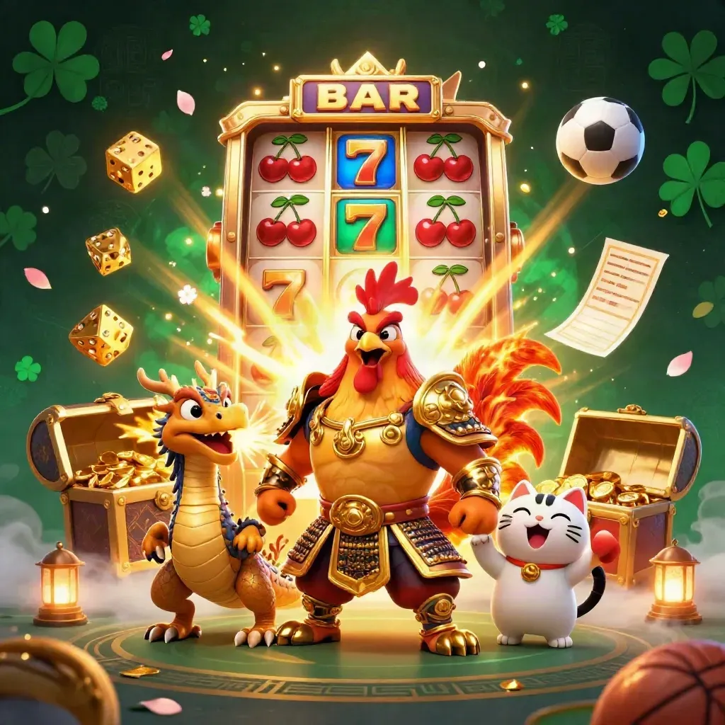 Rooster warrior, dragon hatchling and fortune cat amid a jackpot slot burst