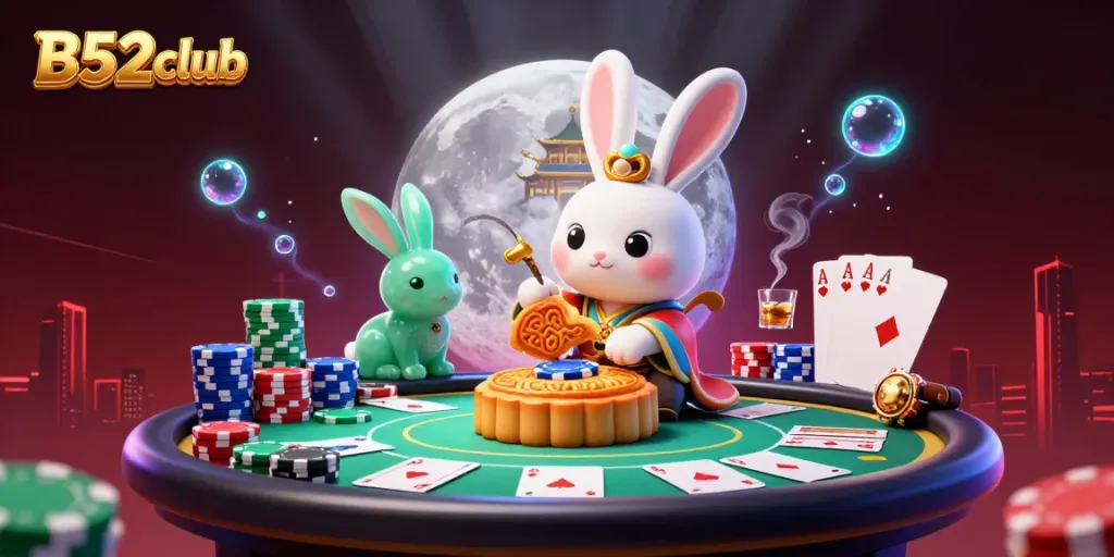 Join the B52club rabbit in a vibrant lunar casino, revealing treasures within mooncakes.