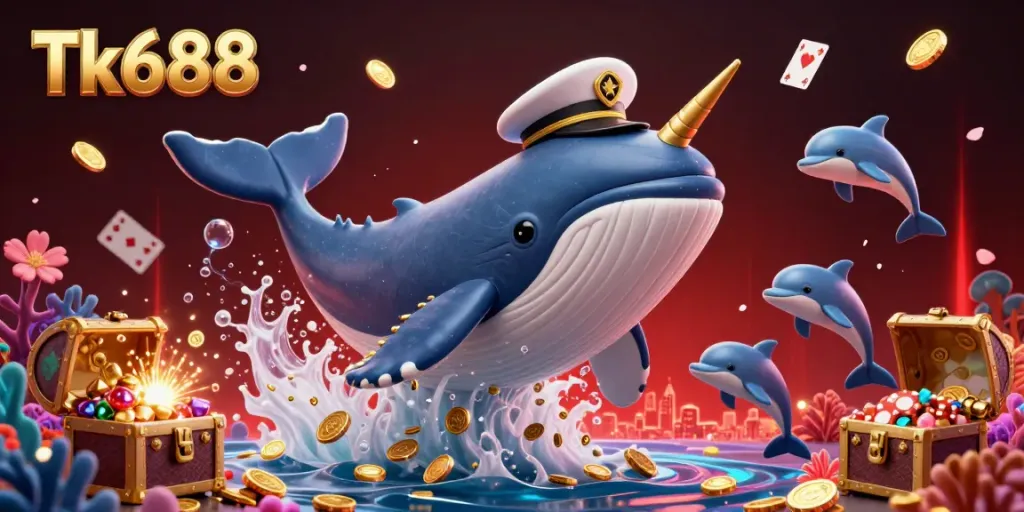 Experience the thrilling world of Tk688 with a giant whale and playful dolphins among coins and treasures.